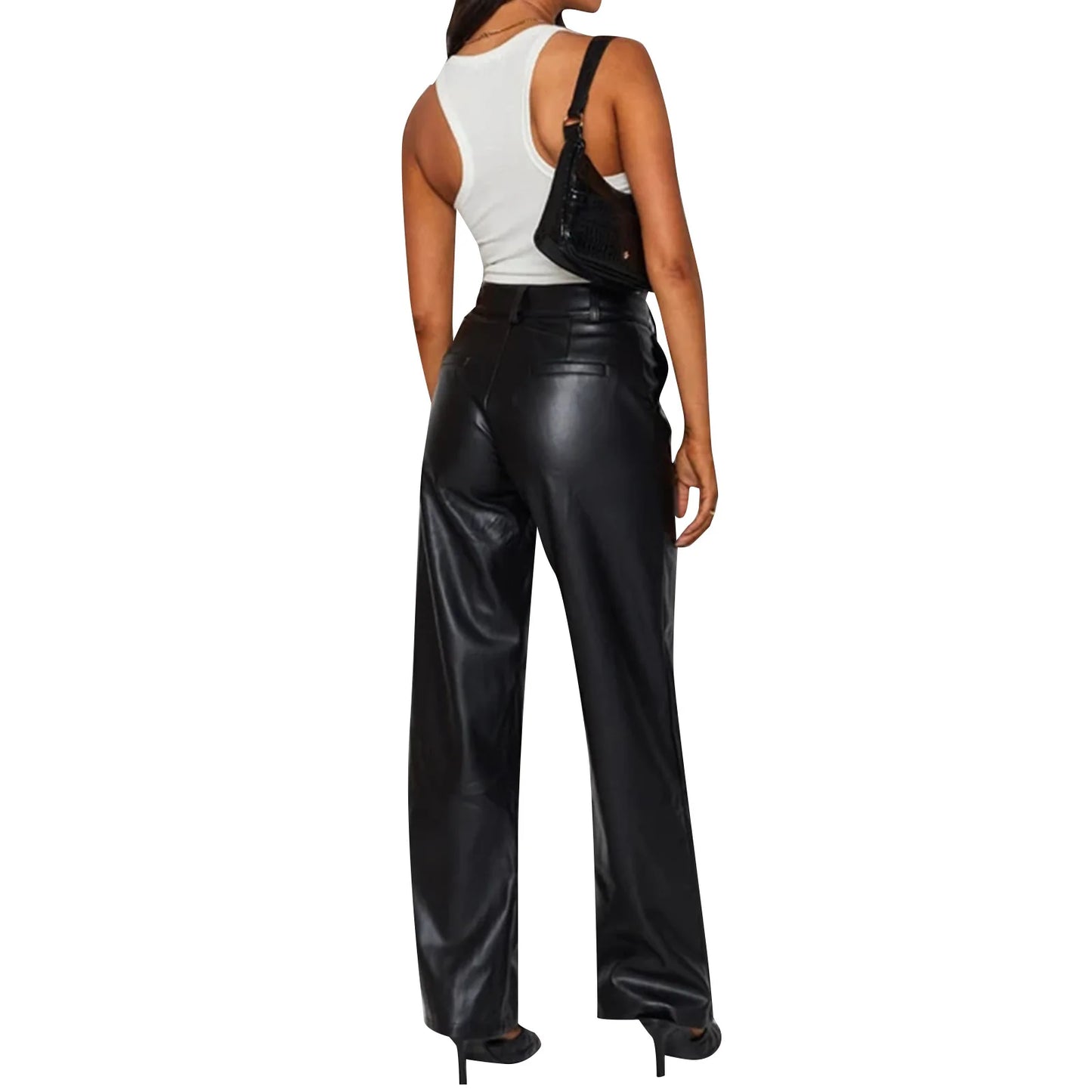 Women s Casual Loose Fit Trousers with Pockets High Waist Solid Color Straight-leg Pants in Faux Leather