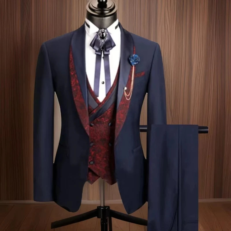 Floral Formal Suits for Men 3 Pieces Shawl Lapel Wedding Groom Tuxedo Italian Style Suit Jacket with Vest Pants Fashion