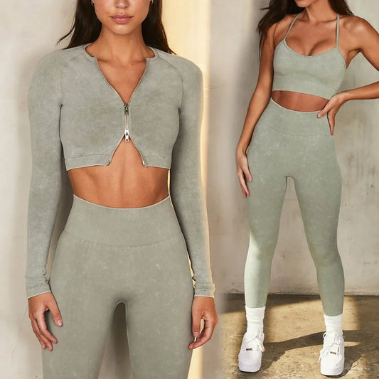 Sport Set Women Seamless Yoga Set Sports Bra Long Sleeve Crop Top Sports Top Gym Leggings  Workout Clothes