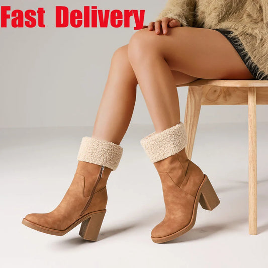 Boots Comfortable Side Zipper Mid Chunky Heel Suede Warm Fur Snow Ankle Boot