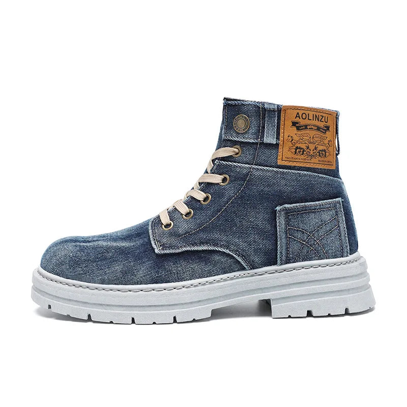 Retro Canvas Boots for Men Trendy Working Shoes High Top Men Ankle Boots Outdoor Street Style Platform Boots