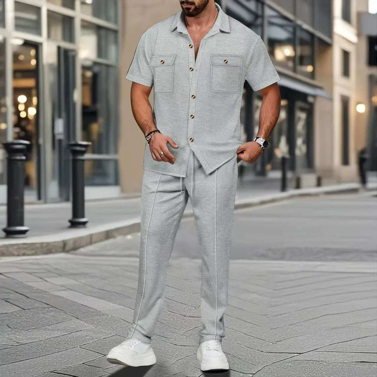 cross-border men's summer new solid color button-up pocket shirt short-sleeved trousers two-piece set
