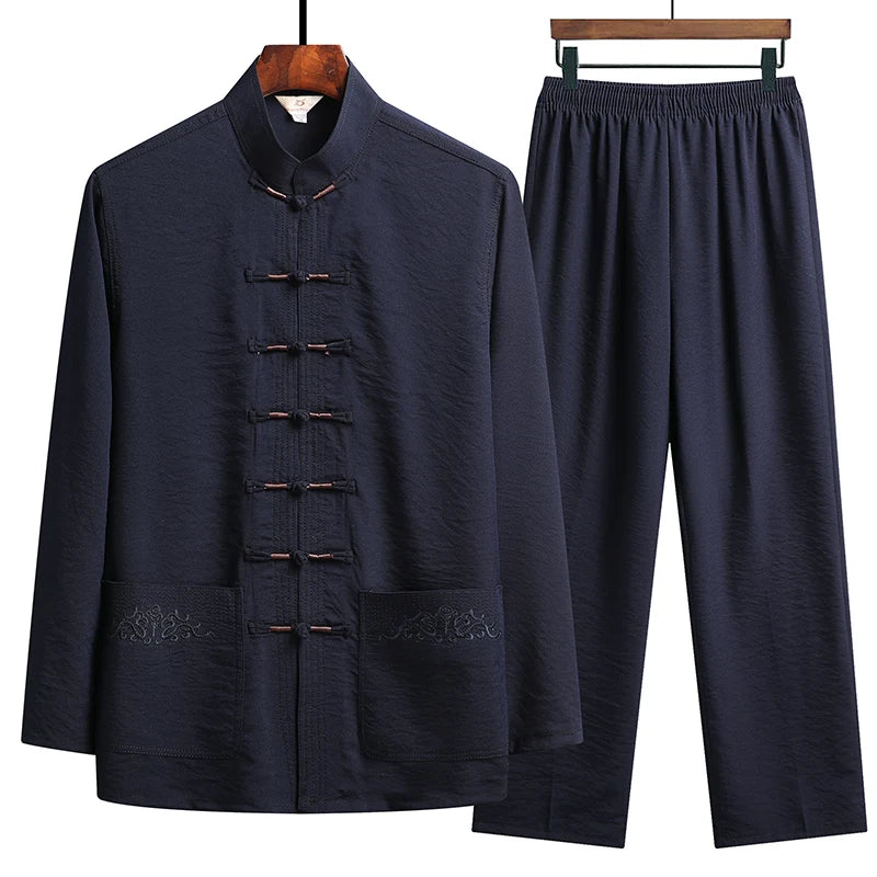 Chinese Traditional Clothing Set Man Fall Linen Buckle Shirt Oriental Retro Top Pants Tai Chi Breathable Uniforms