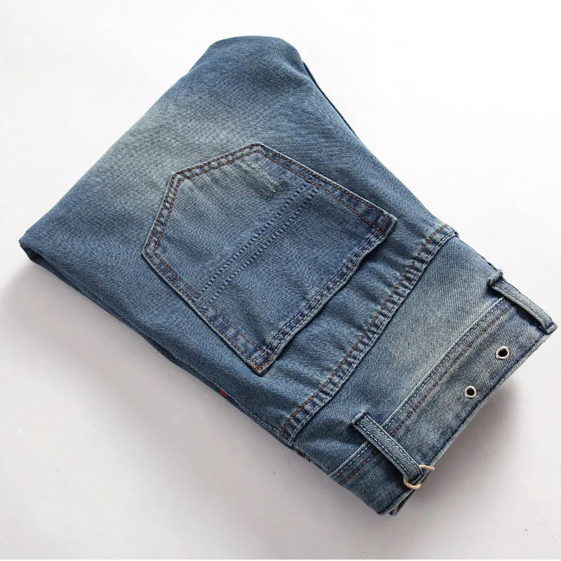 Fashion Button Fly Ripped Nostalgic Jeans  Trousers Straight Slim Fit Cotton High Quality Casual Denim Pants
