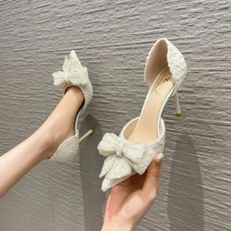 Fashion Pearl Crystal Bowtie Shoes  Designer High Heels Pumps Ladies Thin Heeled Party Shoes