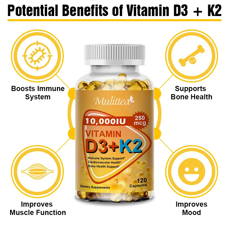 Vitamin D3 + K2 Capsules – 60 Count Dietary Supplement – Made in the USA