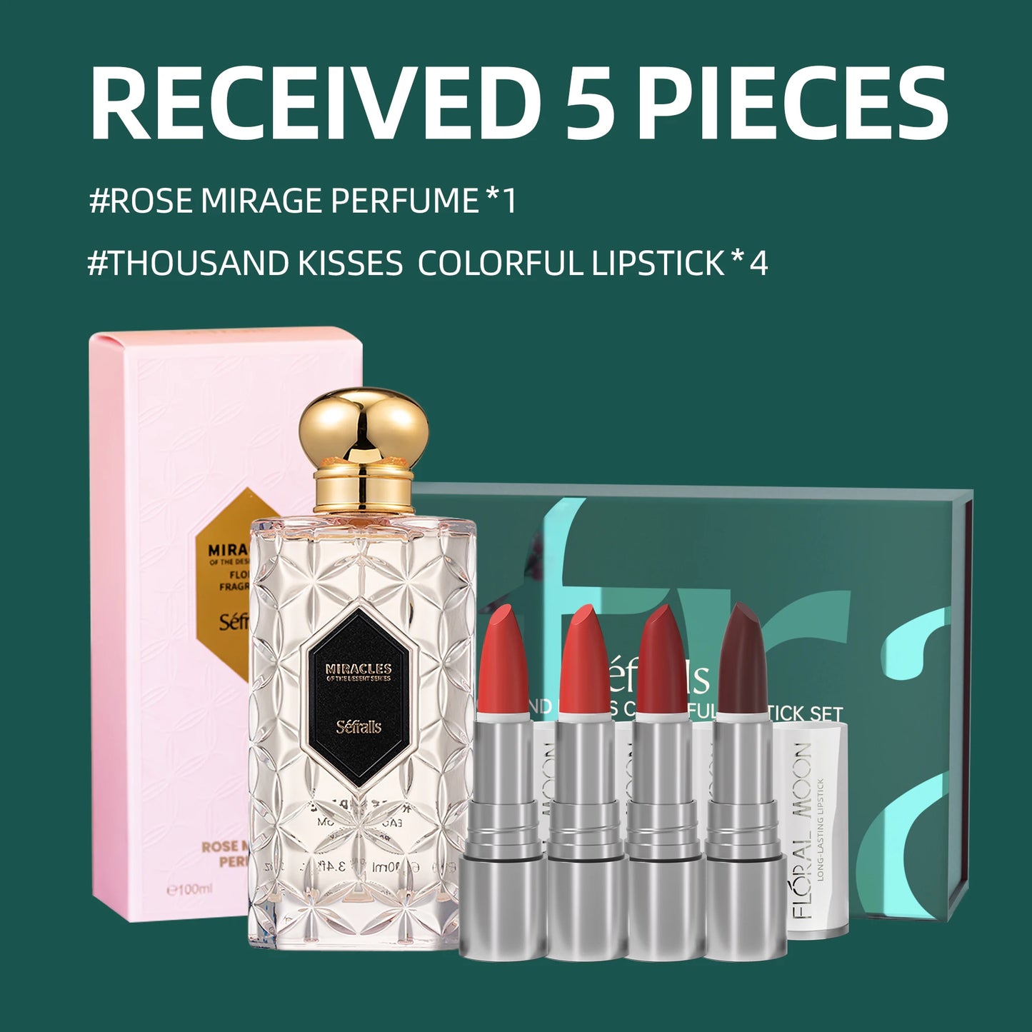 Séfralls ROSE MIRAGE PERFUME FLORAL FRAGRANCE 100ml+THOUSAND KISSES COLORFUL LIPSTICK SET 3.5g*4pcs Cologne and Make up