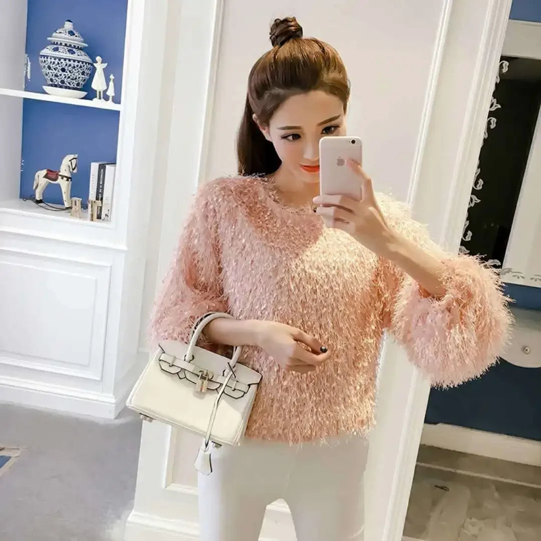 Spring Autumn Tassel O-neck Lantern Sleeve Short Blouses