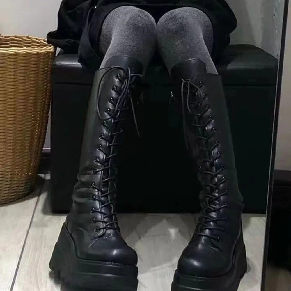 Gothic Fashion Round Toe Side Zipper Lace Up  Mid Calf Boots