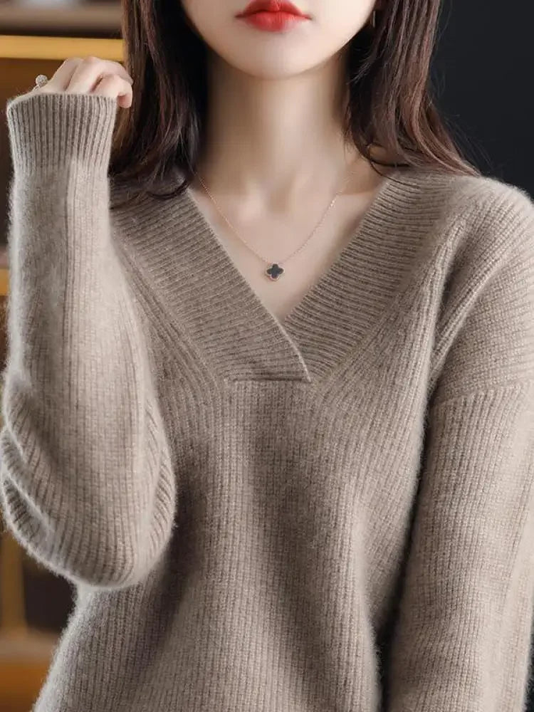 V-Neck Autumn Winter Sweater Pullovers Women's Loose Thick Cashmere Sweater Pullover Women Oversize Sweater Jumper