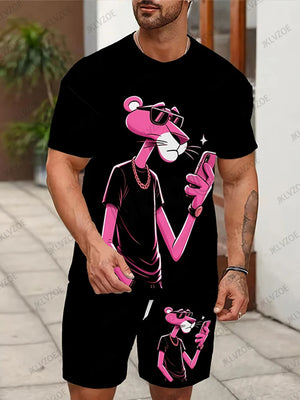 Men's Tracksuit Sets Pink Panther Short Sleeve T-Shirt Suit Casual Suit Sports Streetwear Shorts 2 Piece Male Clothes