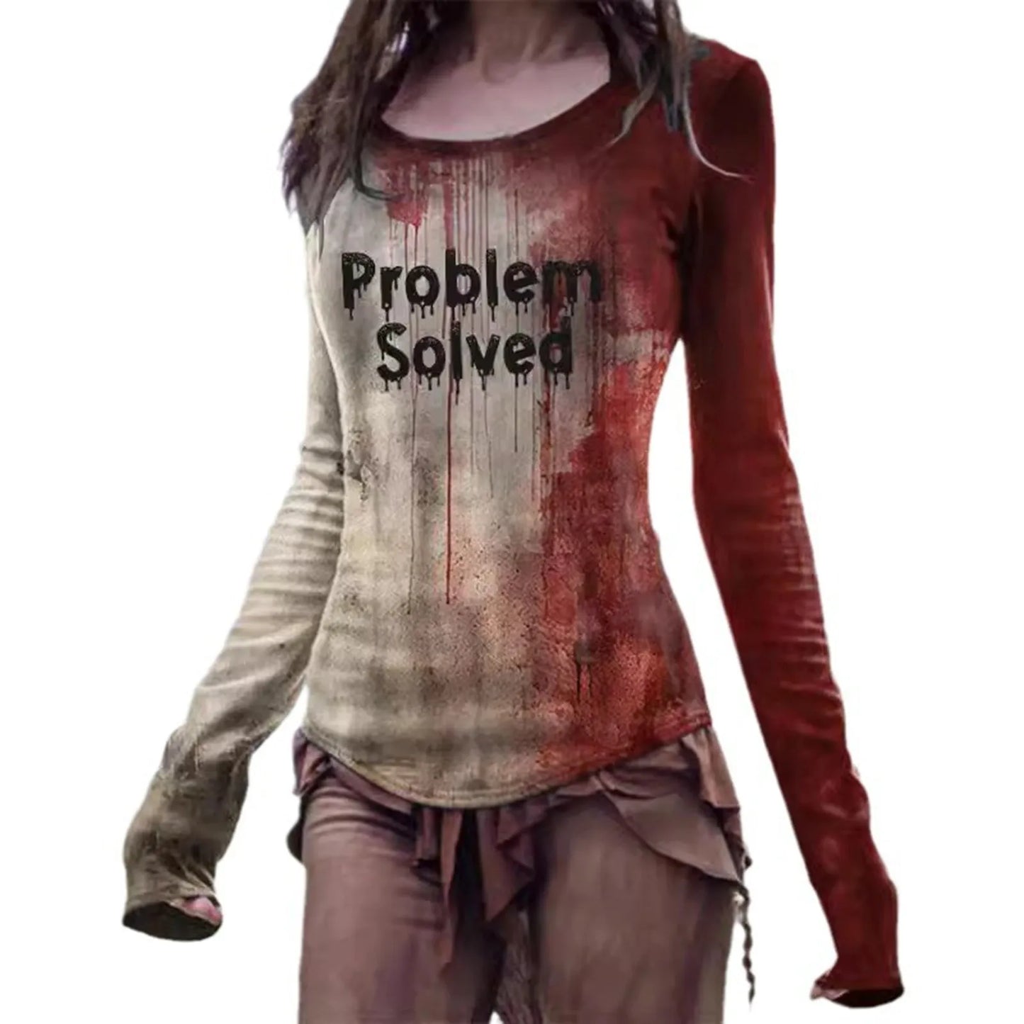 Bloody Fonts T-Shirt Halloween Ladies Printed Long Sleeve Crew Neck T Shirt Top Distressed