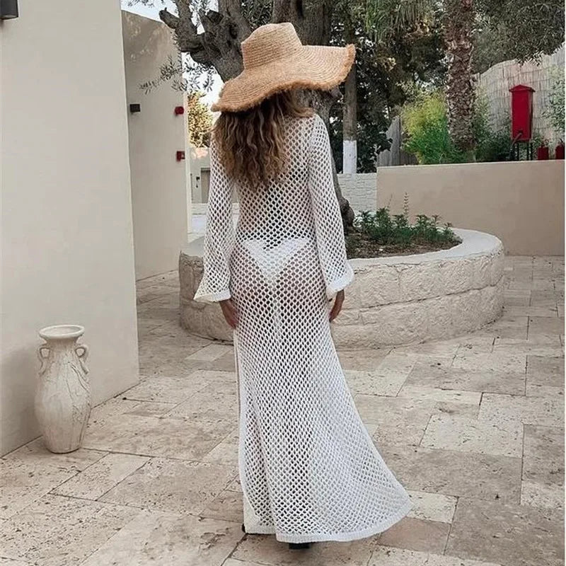 Crochet Knitted Women Cover-ups Long Style Hem Slit  Female Beach Dress