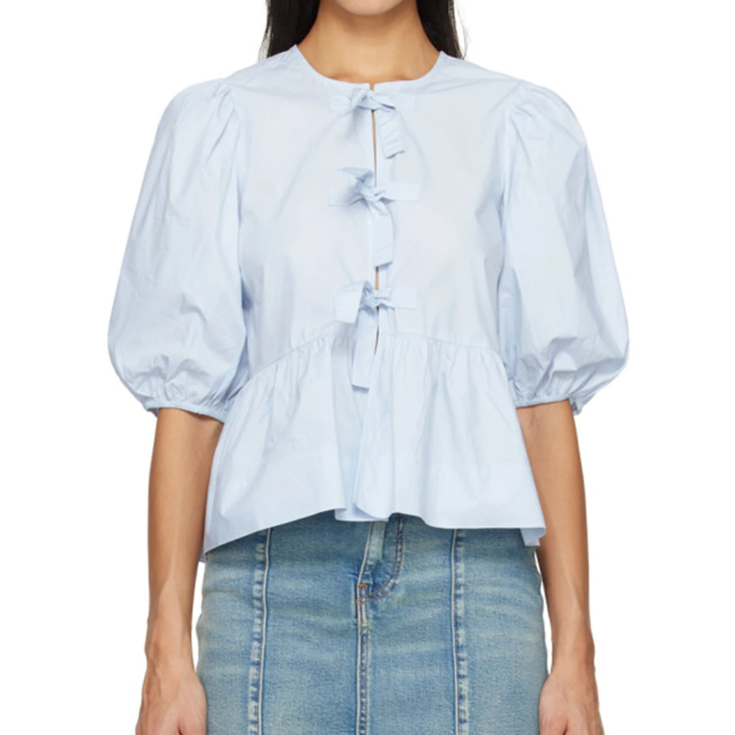 Fashion Women Peplum Shirt Puff Short Sleeve Lace Up Bow Blouse Tie Open Front