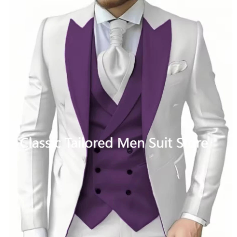 Elegant Wedding 3 Piece Jacket Pants Vest Full Set Luxury Single Breasted Peak Lapel  Male Clothing Men's Suits Blazer