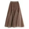 Irregular Stitching Mesh Large Swing Pleated  High Waist Mid Length Puffy Skirt