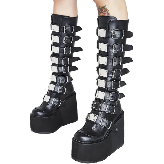 Punk Motorcycle Boots Platform High Wedges Heel Zipper Metal Buckle Mid-Calf Boots Goth
