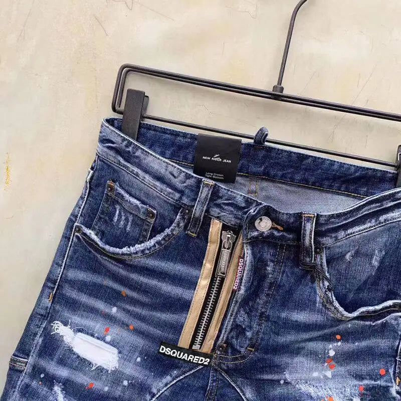 European and American Shorts with Gold Leather Strip Zipper Decoration, Holes, White Primer, Fashionable Unisex