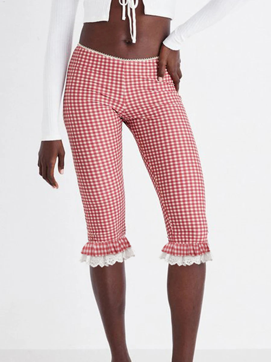 Women s Checkered Capri Pants with Lace Ruffles and Stretchy Cropped Leggings for Summer Casual Wear