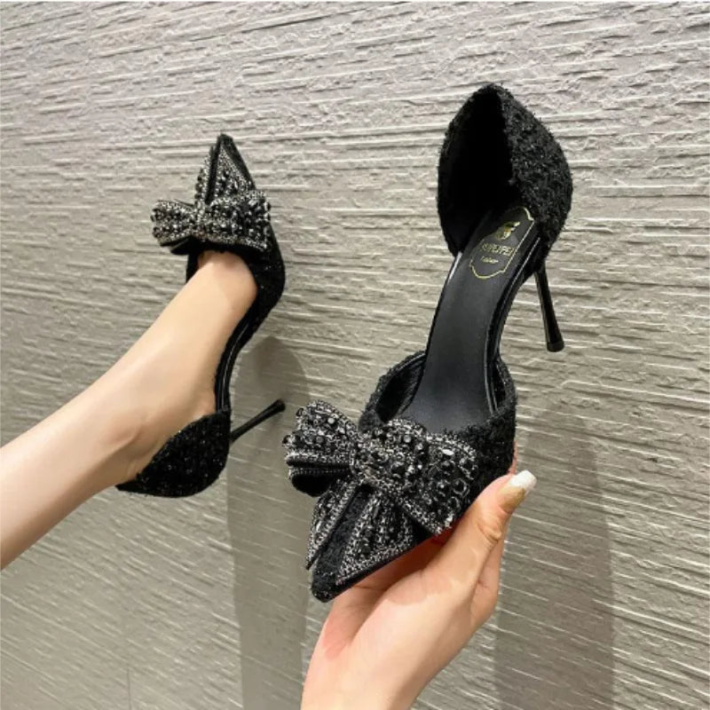 Fashion Pearl Crystal Bowtie Shoes  Designer High Heels Pumps Ladies Thin Heeled Party Shoes