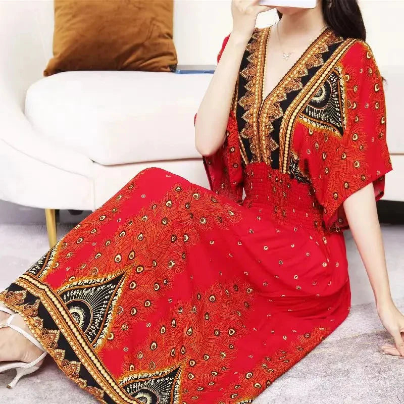 Colorful Flower V-neck Elastic Youthful Bohemian Sweet Midi Dress Woman Clothes Chic Fashion Summer Dresses