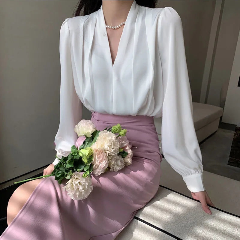 Elegant Fashion Solid Color Bohemian Office Deep V Neck Long Sleeve Tops