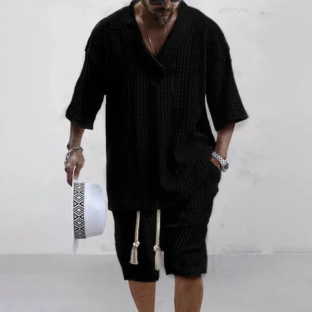 Spring and Summer Casual Shorts Set Knitted Two Piece Men's V-neck Short Sleeve T-shirt and Shorts Street Wear Knitted Set