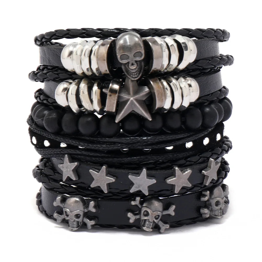 1 Fashion Bracelet Viking Bracelet For Men Hand Bracelets Woven Skull Hand Jewelry Adjustable Leather Set Bracelet