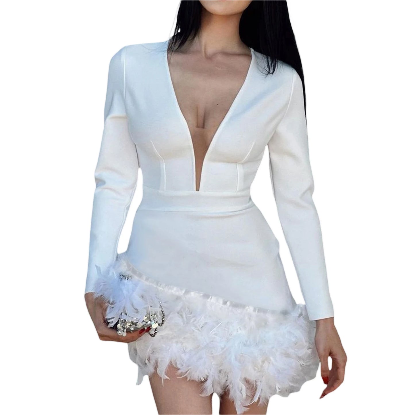 V-Neck Lace Bodycon Dress with Ruffle Trim Long Sleeve