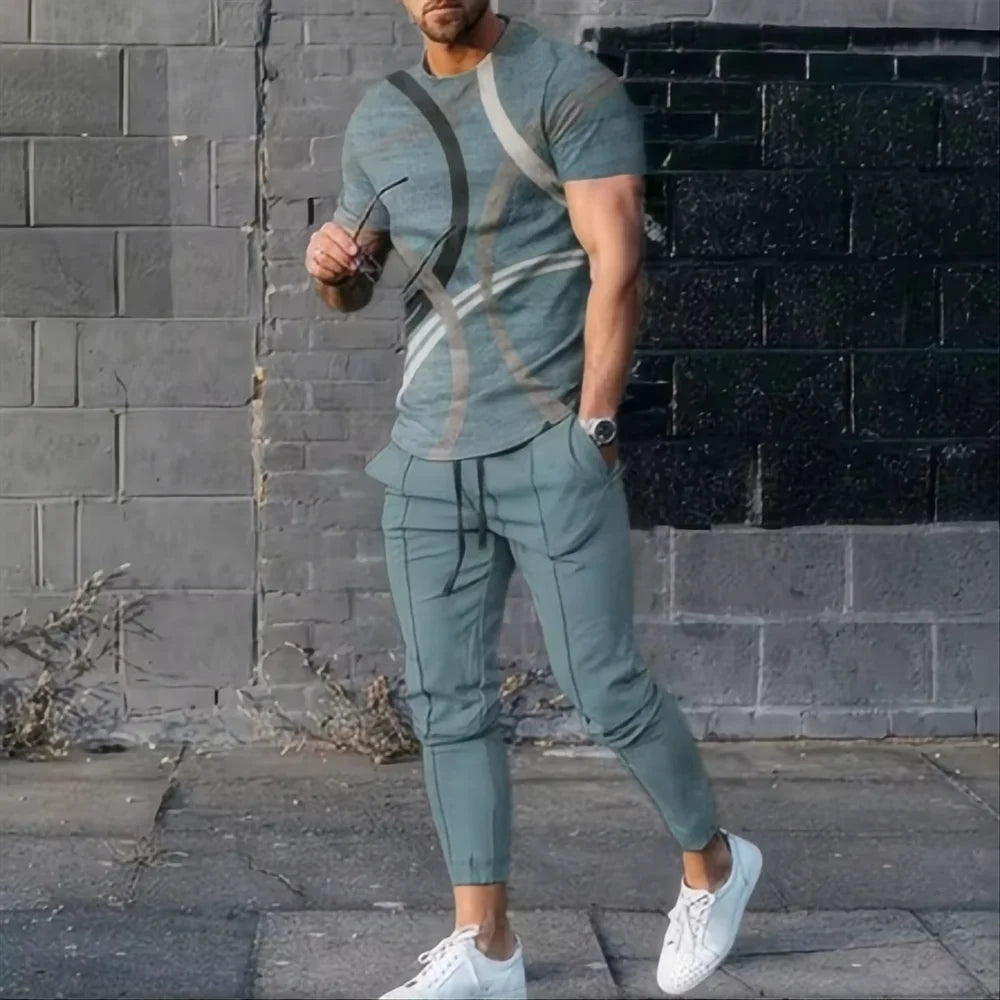 Summer fashion men's T-shirt suit sportswear 3D printed sportswear short sleeved T-shirt long pants street wear 2-piece set