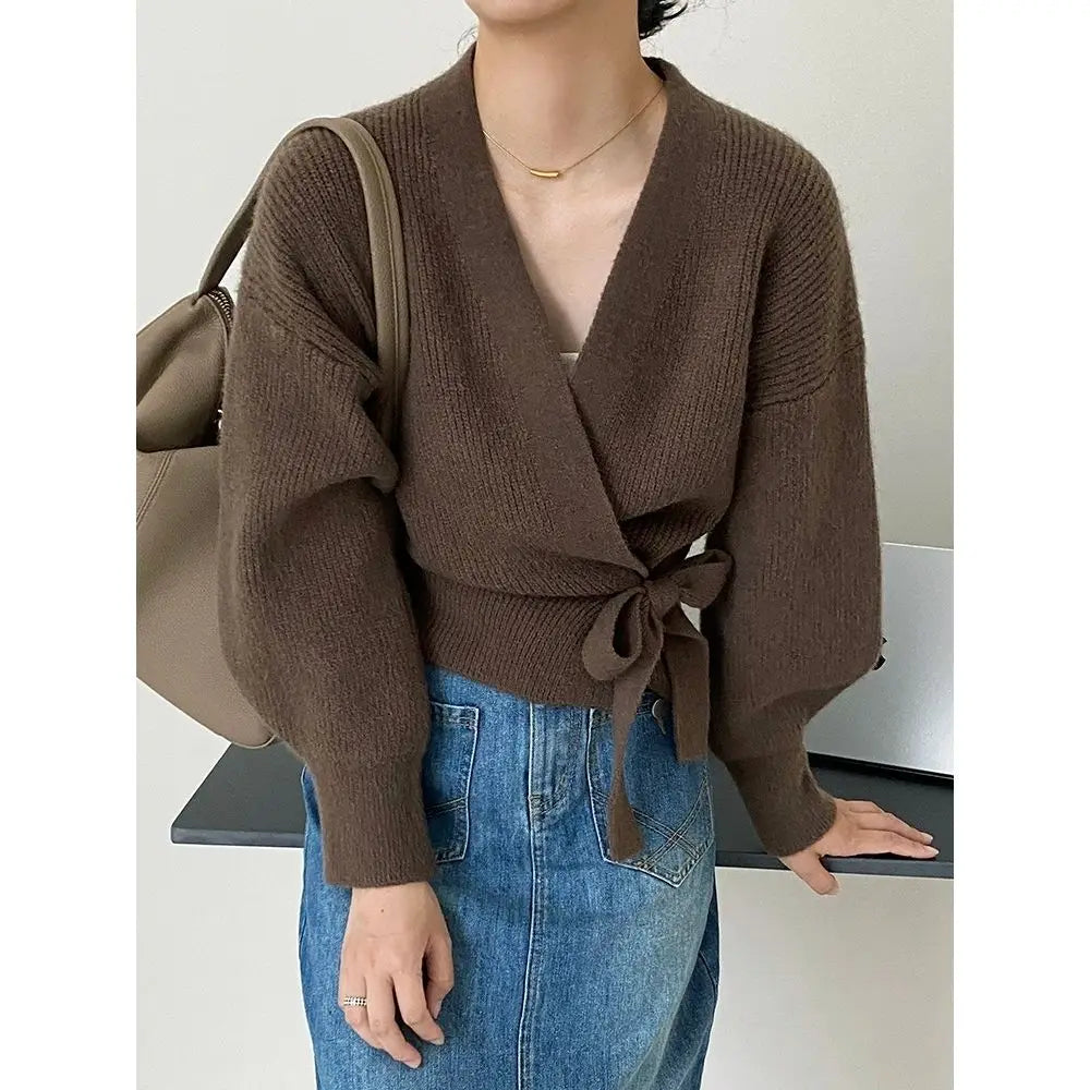 Bow Tie V-Neck Knit Women's Short High Waist Cardigan Sweater Coat Overlay Design Sense Top