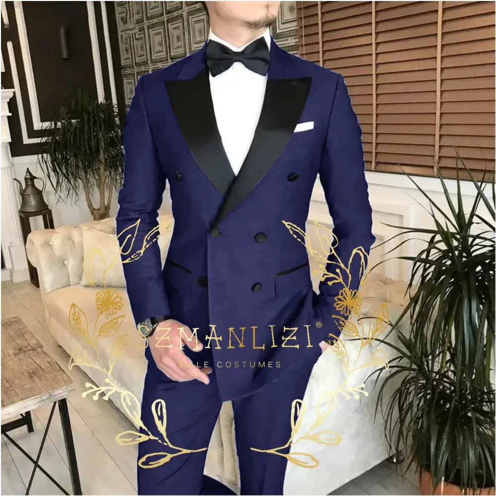 Latest Design Houndstooth Jacket Men‘s Suit Set Brown Pant Peaked Lapel Double Breasted Blazer