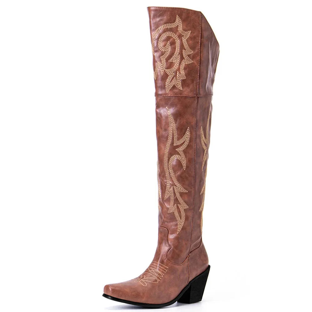 Embroidered Women Over Knee Western Boots Pointed Toe Side Zipper Chunky High Heel Shoes