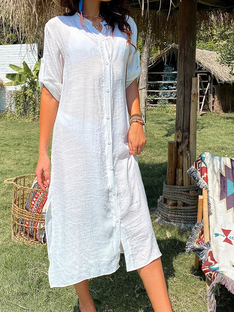 Loose Bikini Cover Up Solid Color Short Sleeve Button Down Shirt for Summer Swimsuit