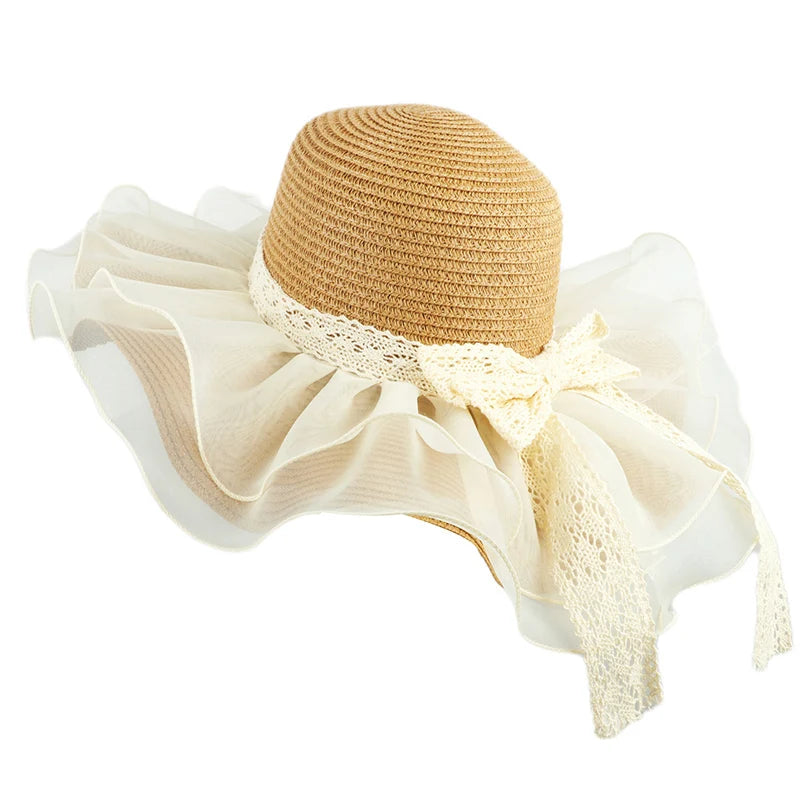 Fashionable Women s Wide Brim Straw Hat with Mesh Patchwork Design for Sun Protection at the Beach and Outdoors