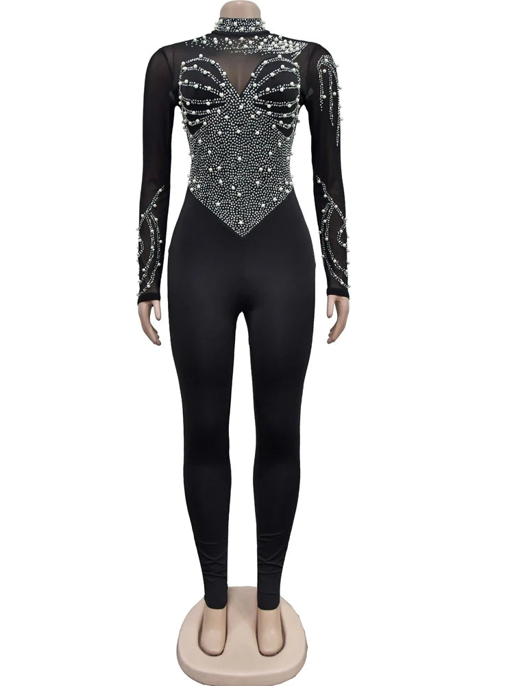 Beypern Women's Sheer Mesh Crystal Jumpsuits One Piece Outfits Glam Fitted Long Sleeve Pearls Rhinestone Rompers Club