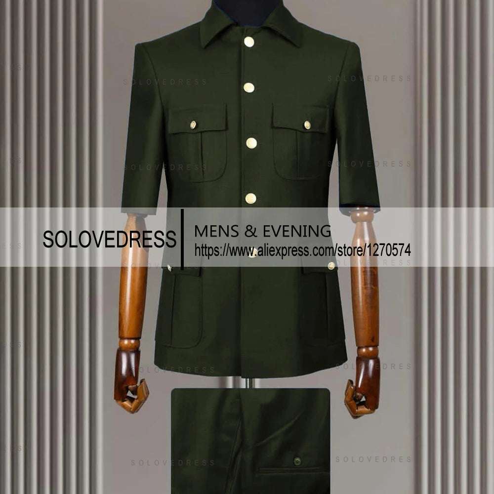 2 Piece Lapel Short Sleeves with 4 Real Pockets Single Breasted Slim Fit Summer Suits