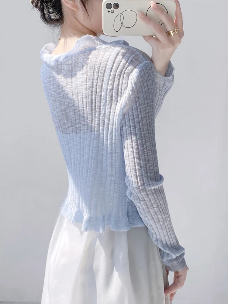 Ruffle Trim One Button Long Sleeve Crop Top Women Long Sleeve Open Front Ribbed Knit