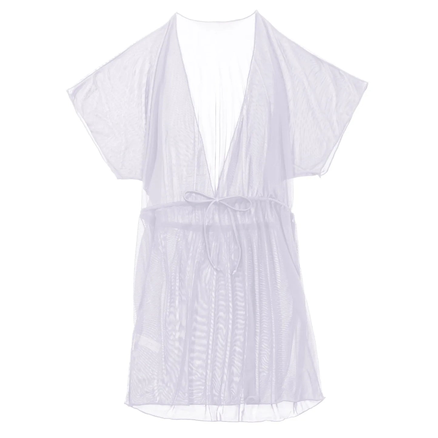 V-neck Mesh Tie Up Women Swimsuit Cover Up Drawstring Beach Tunic Dress