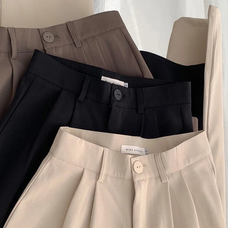 High Waist Women Suit Pants Fall Straight Office Fashion Trousers Casual Button Loose Female Pants