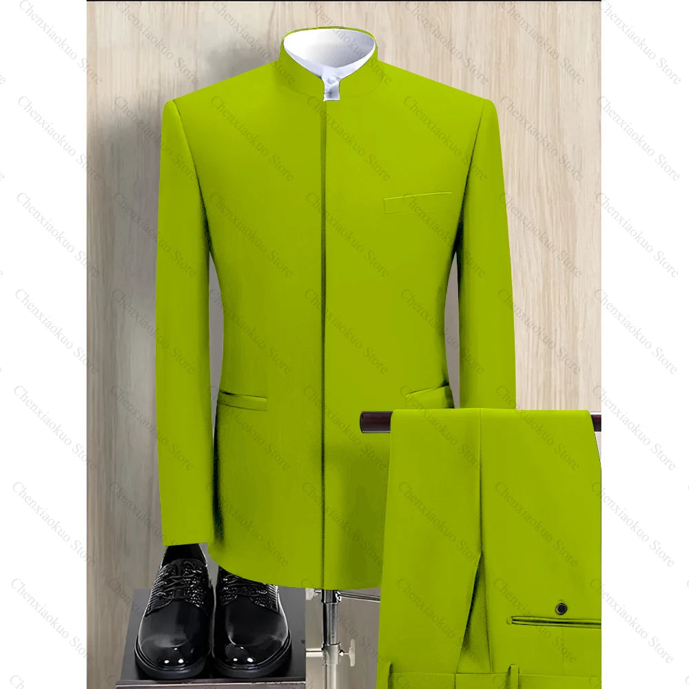 Fashion Solid Men Suits 2 Piece Stand Collar Long Sleeves Formal Outfits Chic Business Casual Wedding Tuxedo (Blazer+Pants)