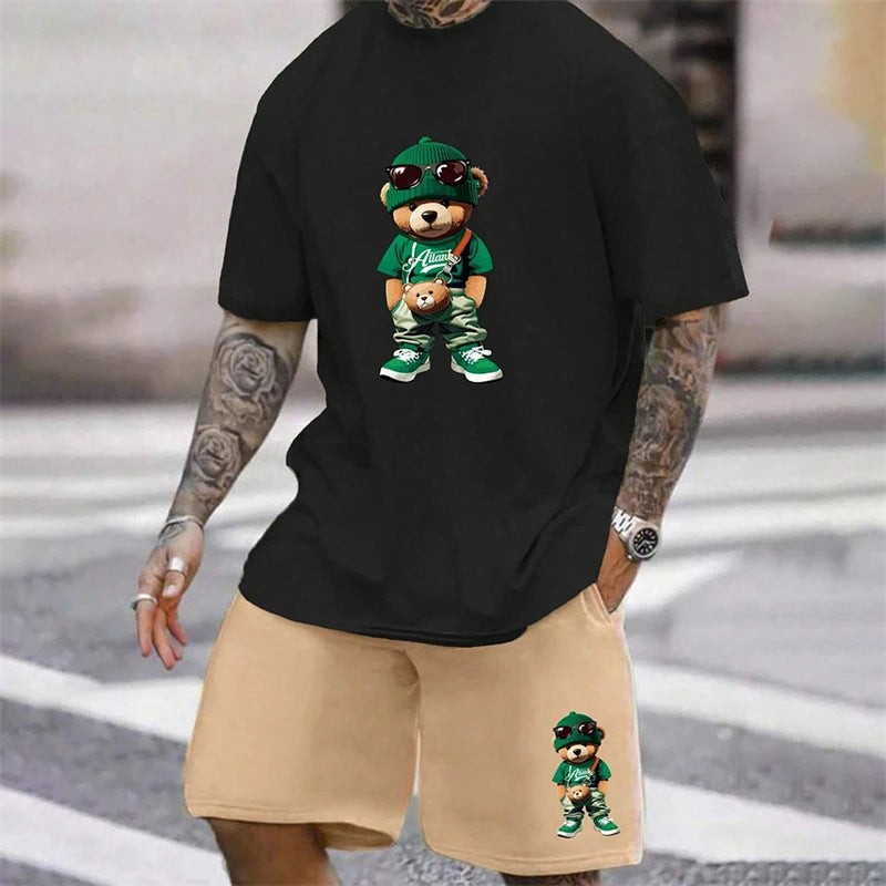 Fun Bear T-Shirt Men's Summer Loose Daily Couple Suit Outdoor Street Short Sleeve Shorts Two Piece Men Summer Suit