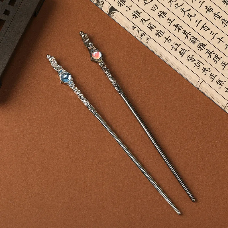 Vintage Moonstone Hair Sticks for Women  Chinese Style Simple Metal Chopstick Hairpins Headwear Jewelry Hair Accessories