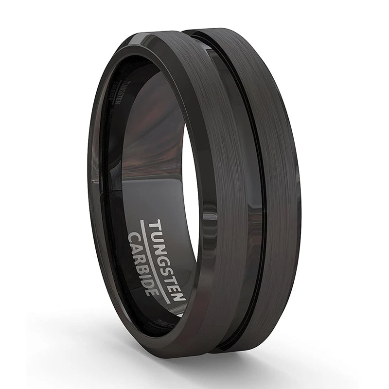 8mm Men Rings Jewelry Black Groove Matte Stainless Steel Wedding Rings Jewelry