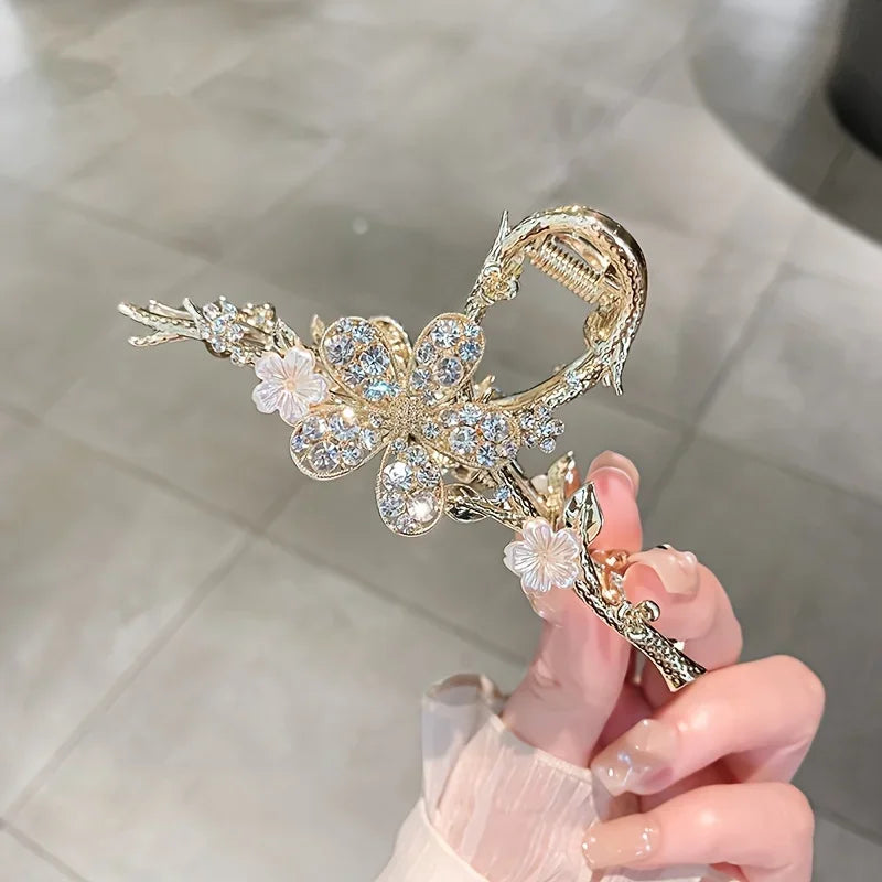 Branches Rhinestone Flowers Large Grab Clip Delicate Hair Clip High-end Luxury Back of the Head Coiled Hair Headdresses
