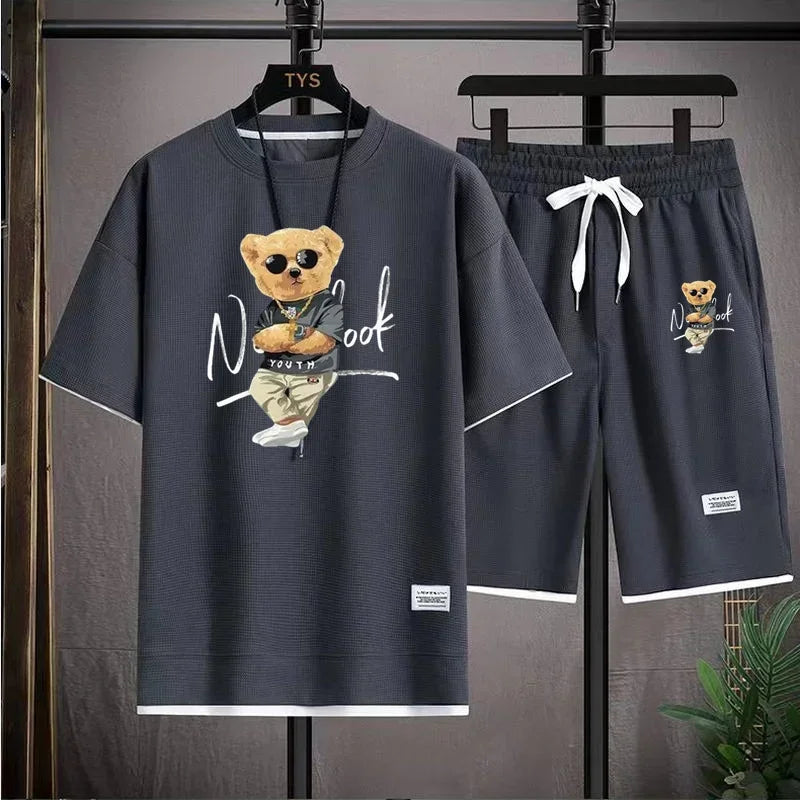 Fashionable Men's Sports Suit Summer Casual Short Sleeve O Neck T-shirt And Sports Shorts 3D Bear Printing 2-Piece Set