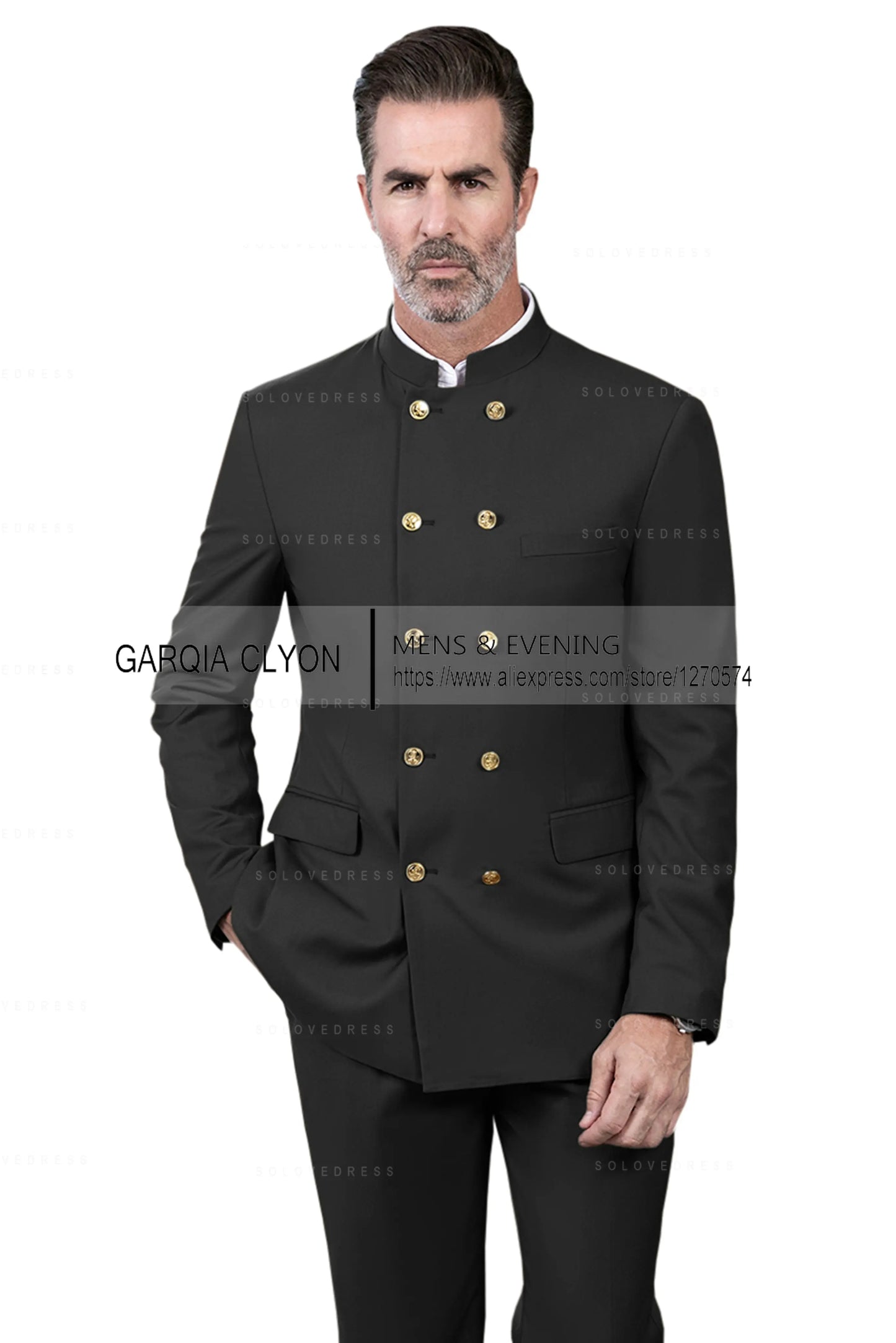 2 Piece Stand Collar Double-Breasted Chinese Style Men's Suits With 3 Real Pocket Wedding SuitsTailored Fit (Blazer+Pants)