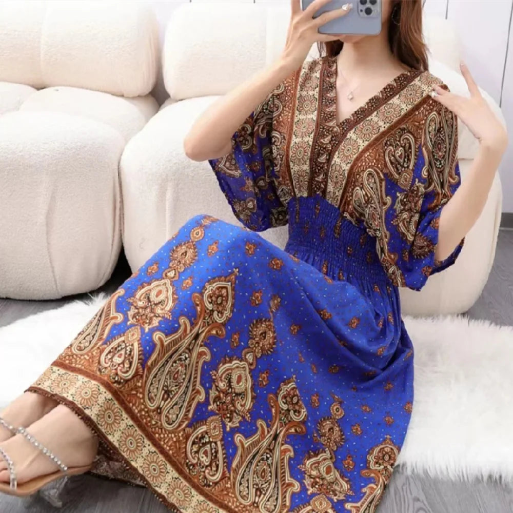 Colorful Flower V-neck Elastic Youthful Bohemian Sweet Midi Dress Woman Clothes Chic Fashion Summer Dresses