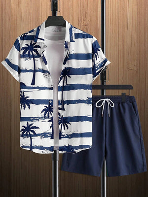 Hawaiian Coconut Tree Print Men's Shirt Summer Short Sleeve Tops Beach Shorts 2 Piece Sets Casual Vacation Style Outfit Clothing