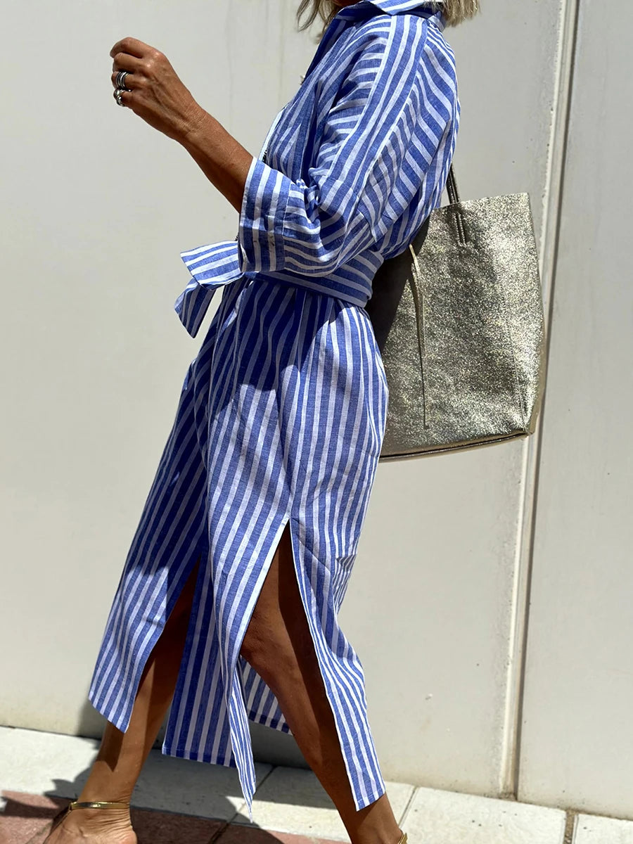 Casual V-Neck Short Sleeve Striped Button Up Midi Dress with Belt and Pockets